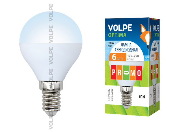 LED-G45-6W/NW/E14/FR/O Лампа светодиодная Volpe. Форма шар, матовая колба. Материал корпуса пластик. Цвет свечения белый. Серия Optima.
