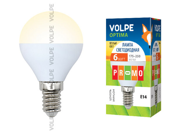 LED-G45-6W/WW/E14/FR/O Лампы светодиодные Volpe. Форма шар, матовая колба. Материал корпуса пластик. Цвет свечения теплый белый. Серия Optima.