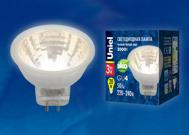 LED-MR11-3W/WW/GU4/220V GLZ21TRЛампа светодиодная, 220V. Прозрачная. Теплый белый свет (3000K).