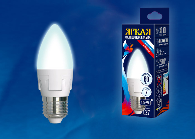 LED-C37 7W/NW/E27/FR PLP01WH Лампа светодиодная. Форма «свеча», матовая. Серия ЯРКАЯ. Белый свет (4000K).