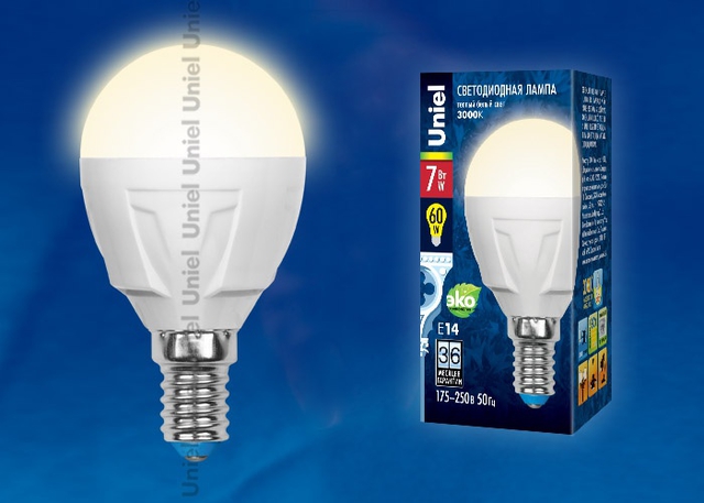 LED-G45 7W/WW/E14/FR PLP01WH Лампа светодиодная. Форма «шар», матовая. Серия ЯРКАЯ. Теплый белый свет (3000K).