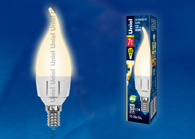 LED-CW37 7W/WW/E14/FR PLP01WH Лампа светодиодная. Форма «свеча на ветру», матовая. Серия ЯРКАЯ. Теплый белый свет (3000K).