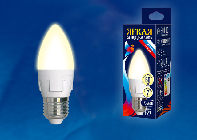 LED-C37 7W/WW/E27/FR PLP01WH Лампа светодиодная. Форма «свеча», матовая. Серия ЯРКАЯ. Теплый белый свет (3000K).