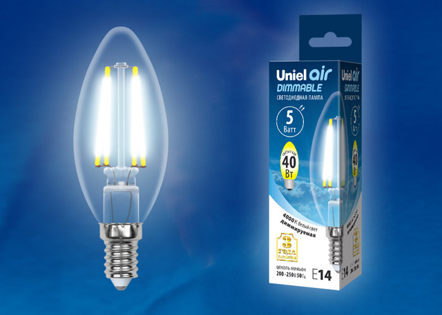 LED-C35-5W/NW/E14/CL/DIM GLA01TR Лампа светодиодная диммируемая. Форма свеча, прозрачная. Серия Air. Белый свет (4000K).