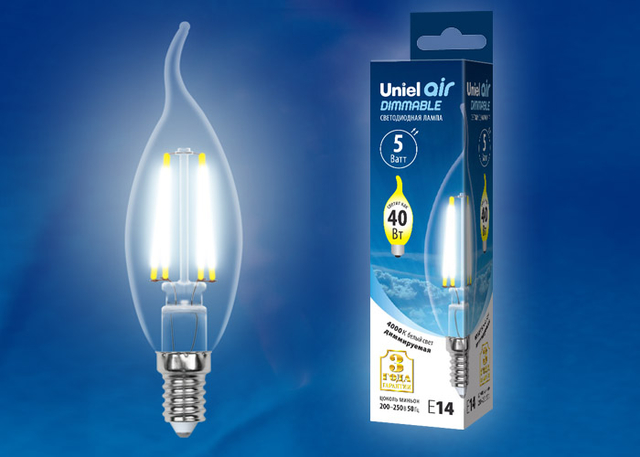 LED-CW35-5W/NW/E14/CL/DIM GLA01TR Лампа светодиодная диммируемая. Форма свеча на ветру, прозрачная. Серия Air. Белый свет (4000K)