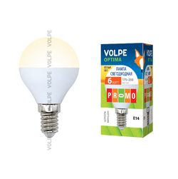LED-G45-6W/WW/E14/FR/O Лампы светодиодные Volpe. Форма шар, матовая колба. Материал корпуса пластик. Цвет свечения теплый белый. Серия Optima.