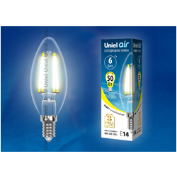 LED-C35-6W/WW/E14/CL GLA01TR Лампа светодиодная. Форма свеча, прозрачная. Серия Air. Теплый белый свет (3000K).